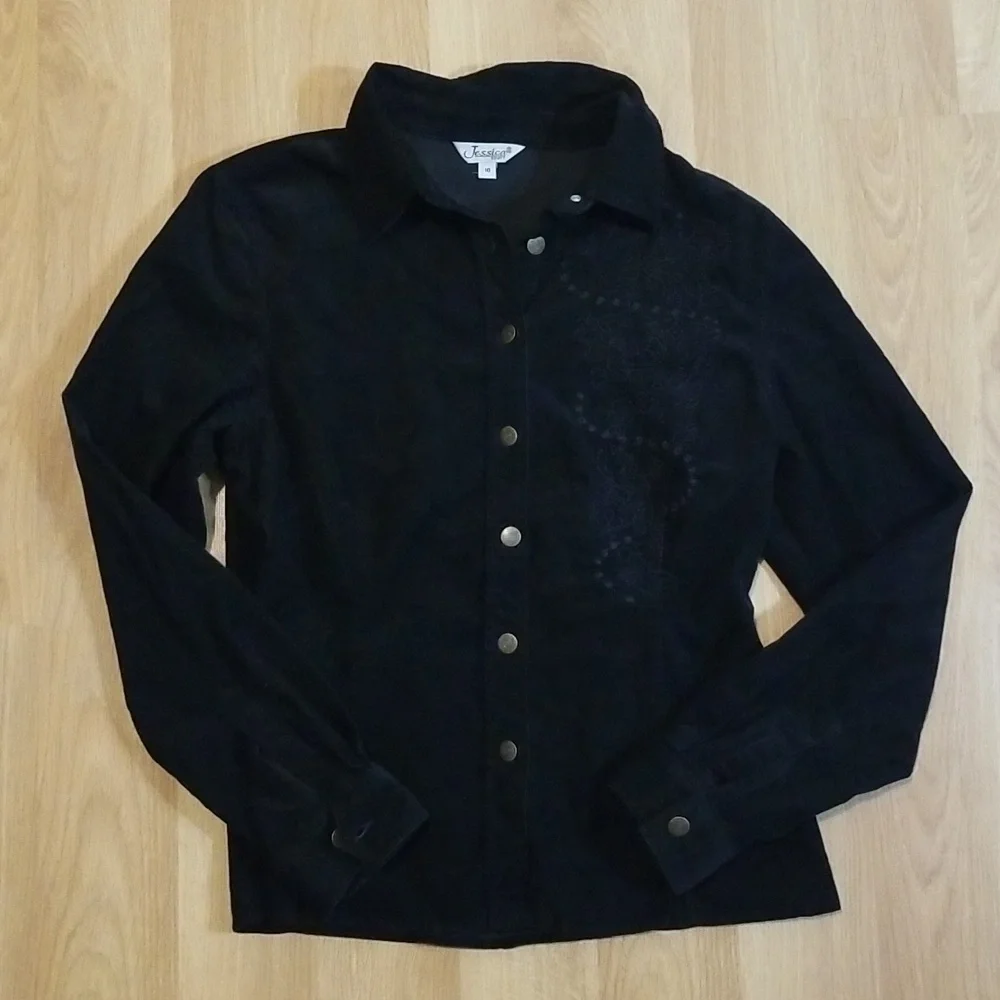 Jessica long sleeve black embroidered corduroy button down shirt size 10 EUC - Picture 1 of 12